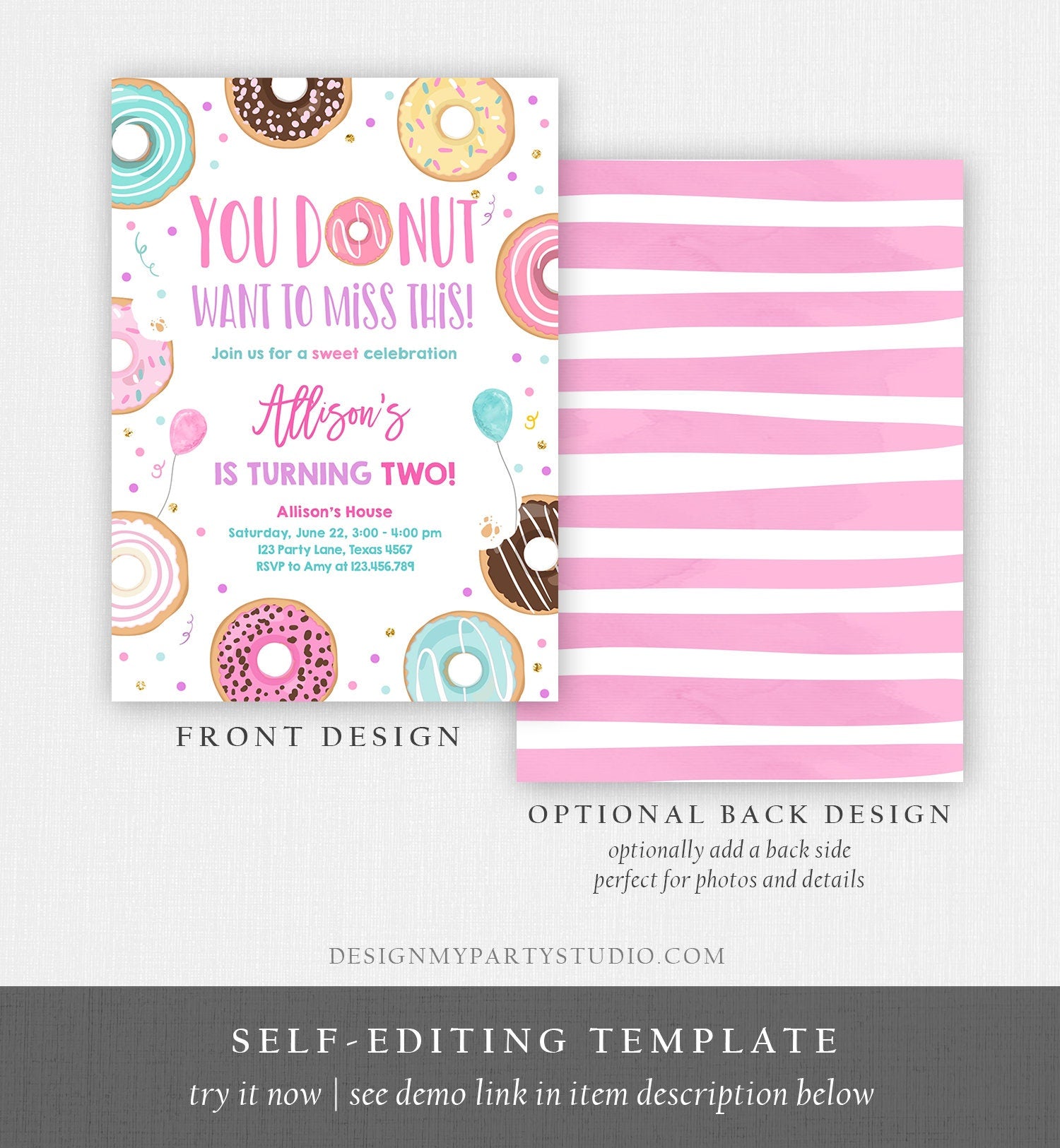 Editable Donut Want To Miss This Birthday Invitation Sweet Party Pink Gold Girl Doughnut Sweet One Digital Download Template Printable 0343