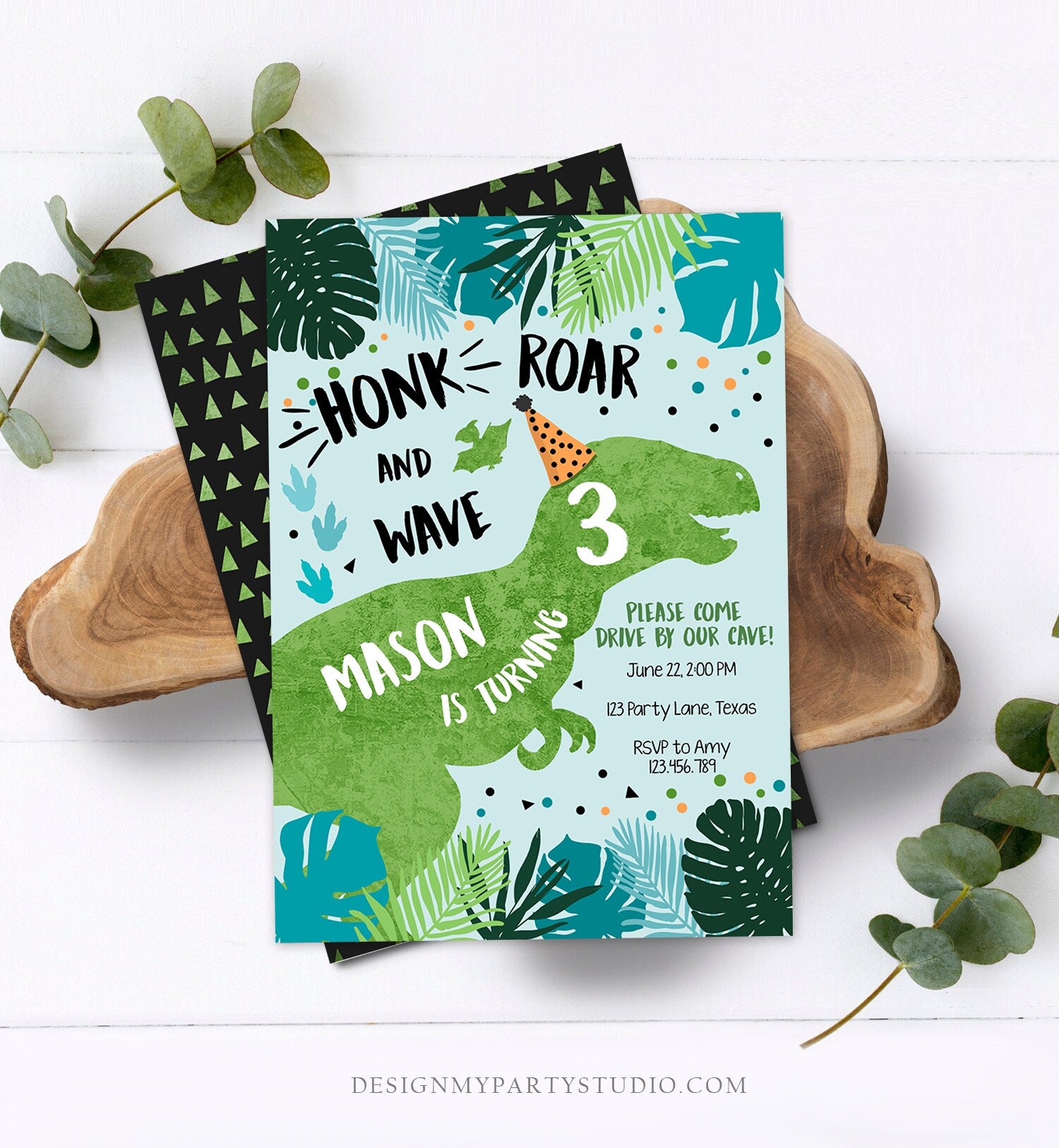 Editable Dinosaur Drive By Birthday Parade Invitation Virtual Party Invite Honk Car Boy Dino T-Rex Quarantine Download Digital Corjl 0389