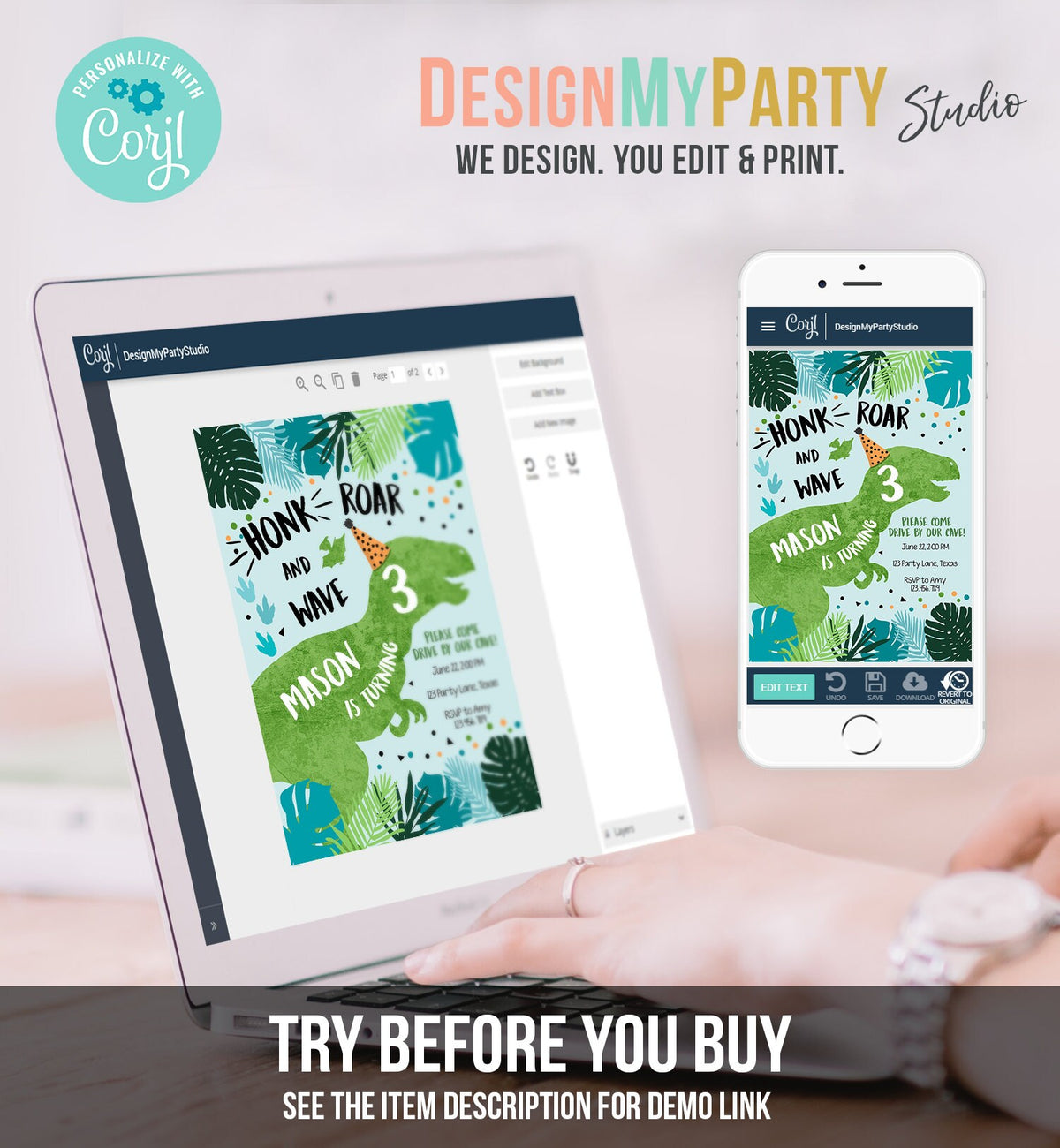 Editable Dinosaur Drive By Birthday Parade Invitation Virtual Party Invite Honk Car Boy Dino T-Rex Quarantine Download Digital Corjl 0389