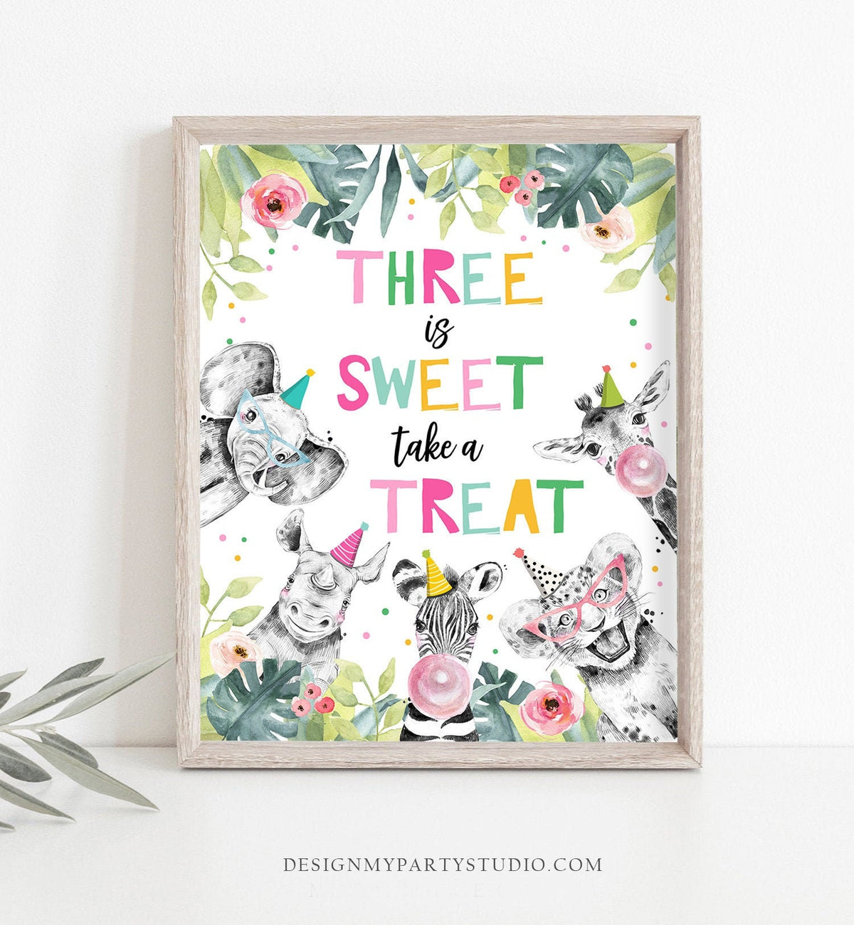 Three is Sweet take a Treat Birthday Sign Party Animals Decor Safari Wild and Three Animals Girl Table Sign Zoo Party Jungle Printable 0322