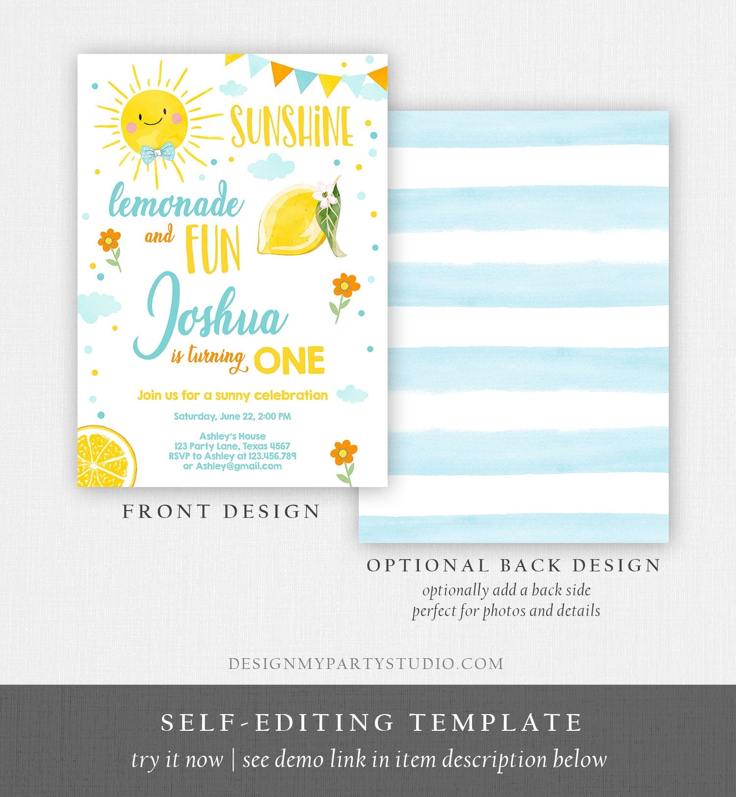 Editable Sunshine Lemonade Birthday Invitation Boy Blue Orange Sunshine Party Lemonade First 1st Digital Evite Template Printable 0141