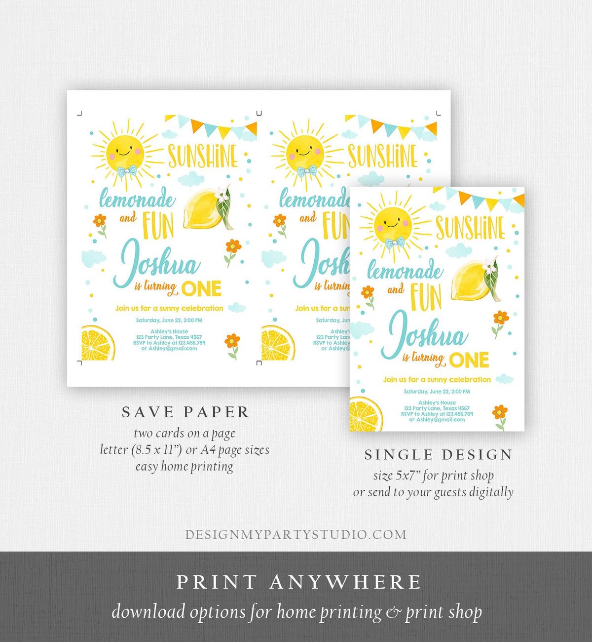 Editable Sunshine Lemonade Birthday Invitation Boy Blue Orange Sunshine Party Lemonade First 1st Digital Evite Template Printable 0141
