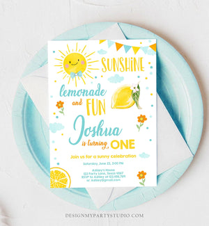 Editable Sunshine Lemonade Birthday Invitation Boy Blue Orange Sunshine Party Lemonade Invitation 1st Birthday Printable Template Corjl 0141