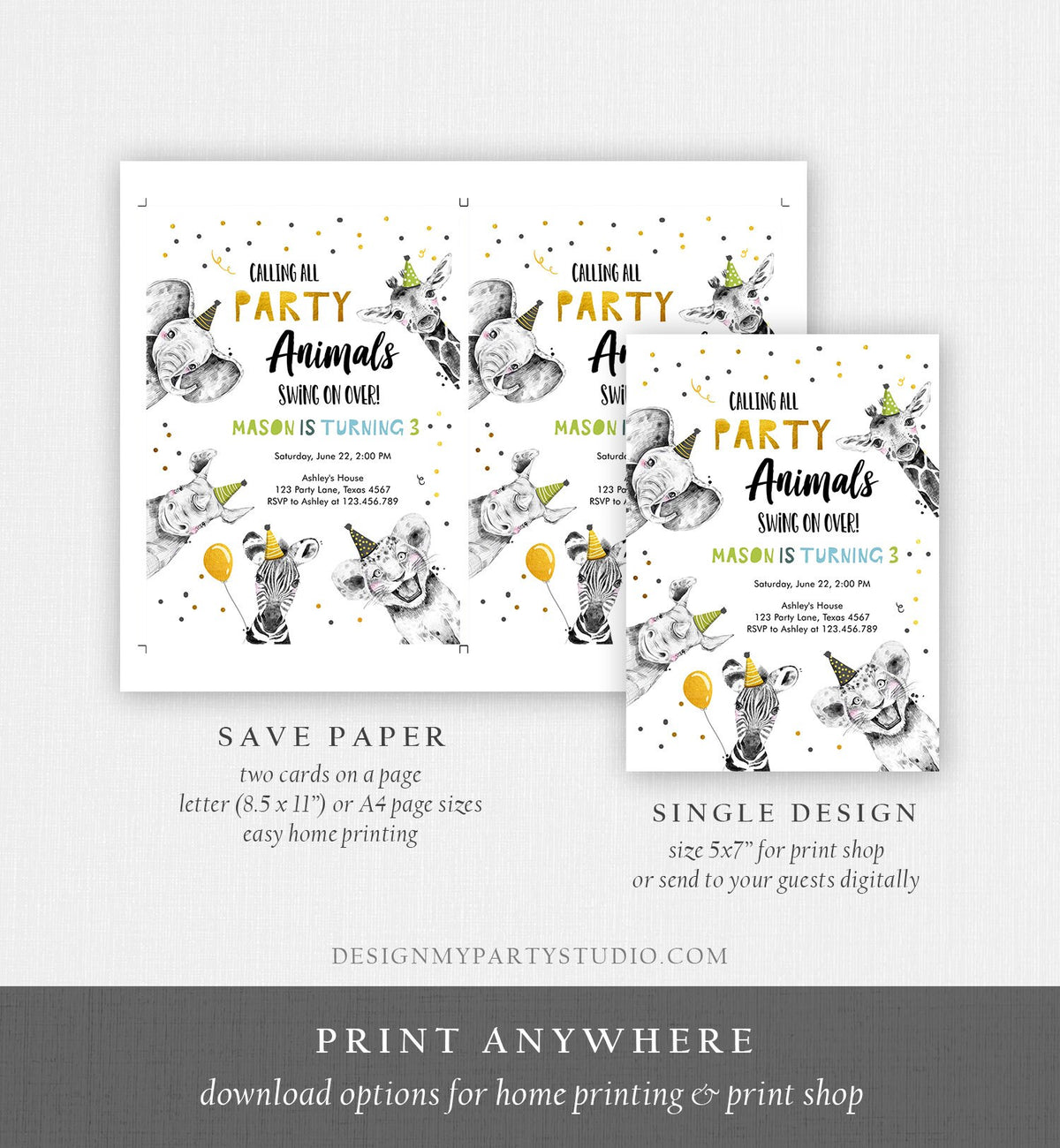 Editable Party Animals Birthday Invitation Wild One Animals Zoo Safari Animals Boy Digital Download Evite Template Printable 0390