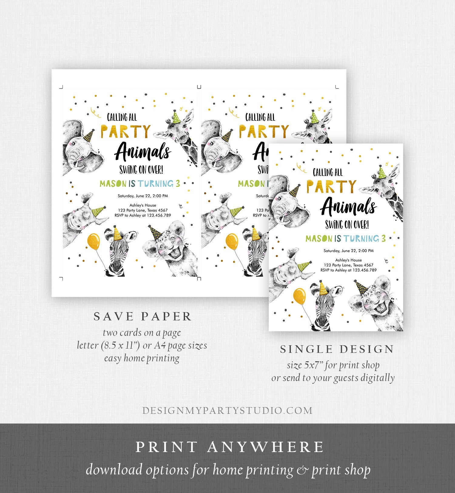 Editable Party Animals Birthday Invitation Wild One Animals Zoo Safari Animals Boy Digital Download Evite Template Printable 0390