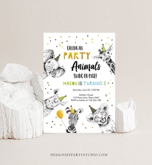 Editable Party Animals Birthday Invitation Wild One Animals Invitation Zoo Safari Animals Boy Download Printable Invite Template Corjl 0390