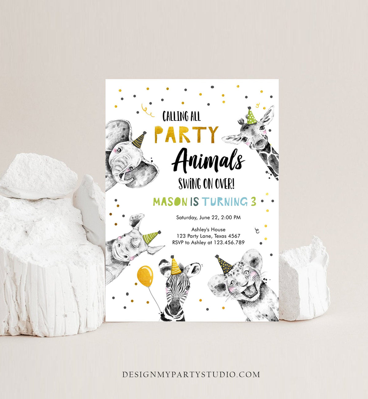 Editable Party Animals Birthday Invitation Wild One Animals Zoo Safari Animals Boy Digital Download Evite Template Printable 0390