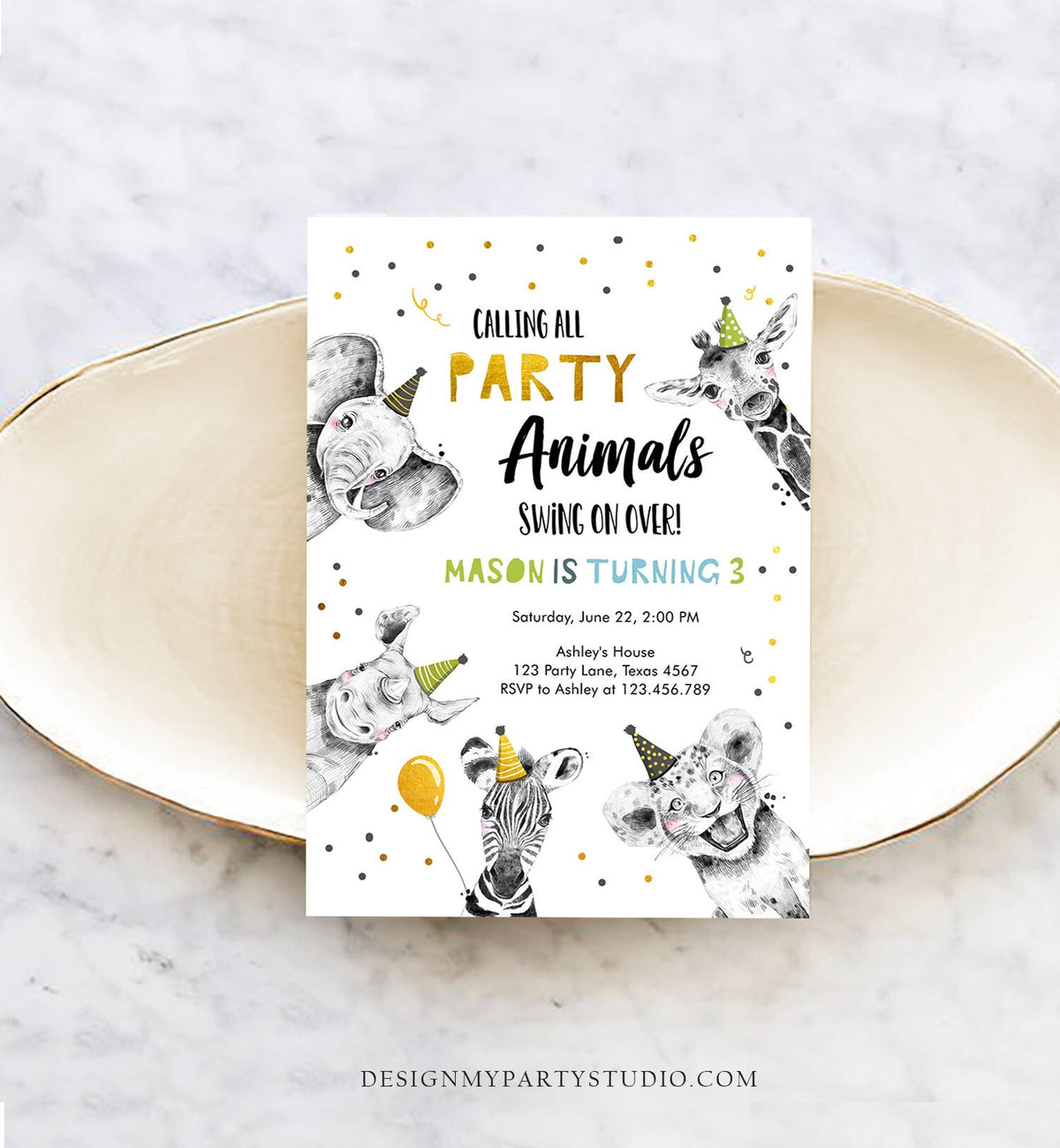 Editable Party Animals Birthday Invitation Wild One Animals Zoo Safari Animals Boy Digital Download Evite Template Printable 0390
