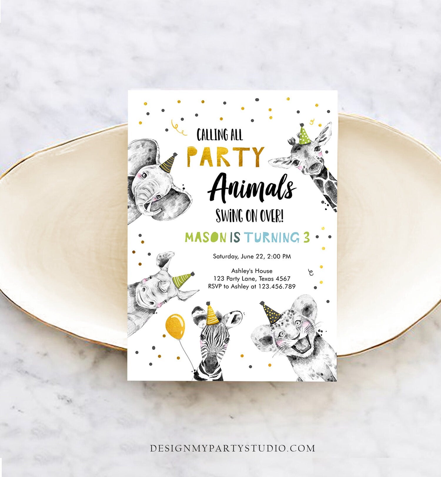 Editable Party Animals Birthday Invitation Wild One Animals Zoo Safari Animals Boy Digital Download Evite Template Printable 0390