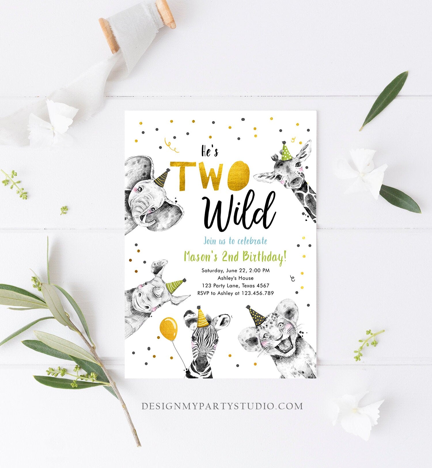 Editable Two Wild Birthday Invitation Safari Animals Party Animals Boy Green Gold Second Birthday 2nd Digital Evite Template Printable 0390