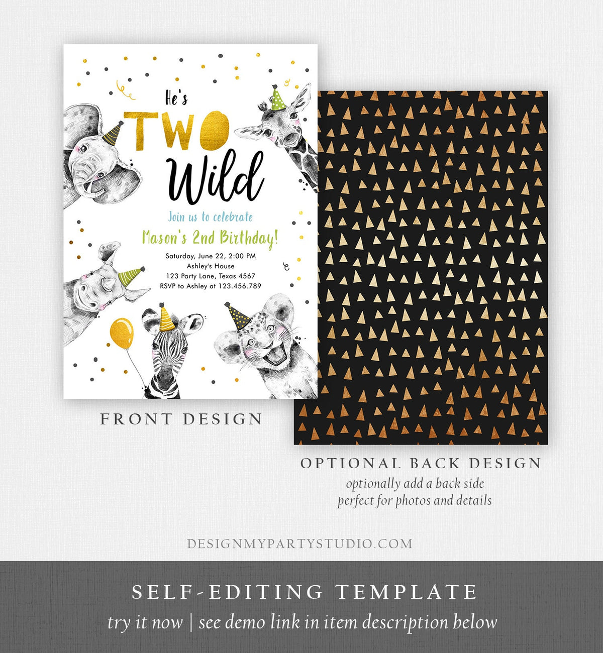 Editable Two Wild Birthday Invitation Safari Animals Party Animals Boy Green Gold Second Birthday 2nd Digital Evite Template Printable 0390