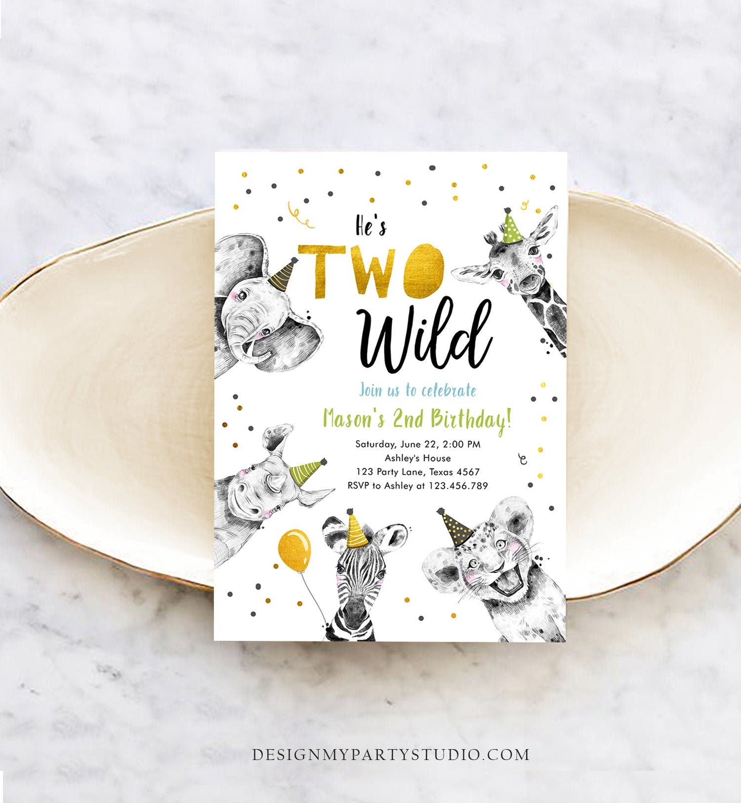 Editable Two Wild Birthday Invitation Safari Animals Party Animals Boy Green Gold Second Birthday 2nd Digital Evite Template Printable 0390