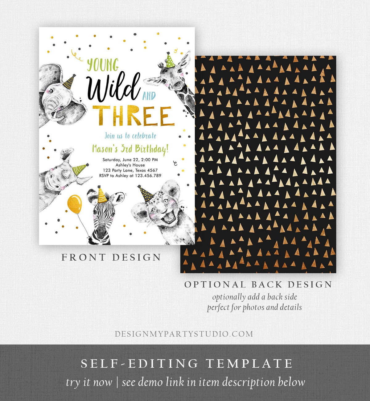 Editable Young Wild and Three Birthday Invitation Boy Green Gold Third 3rd Safari Animals Digital Download Evite Template Printable 0390