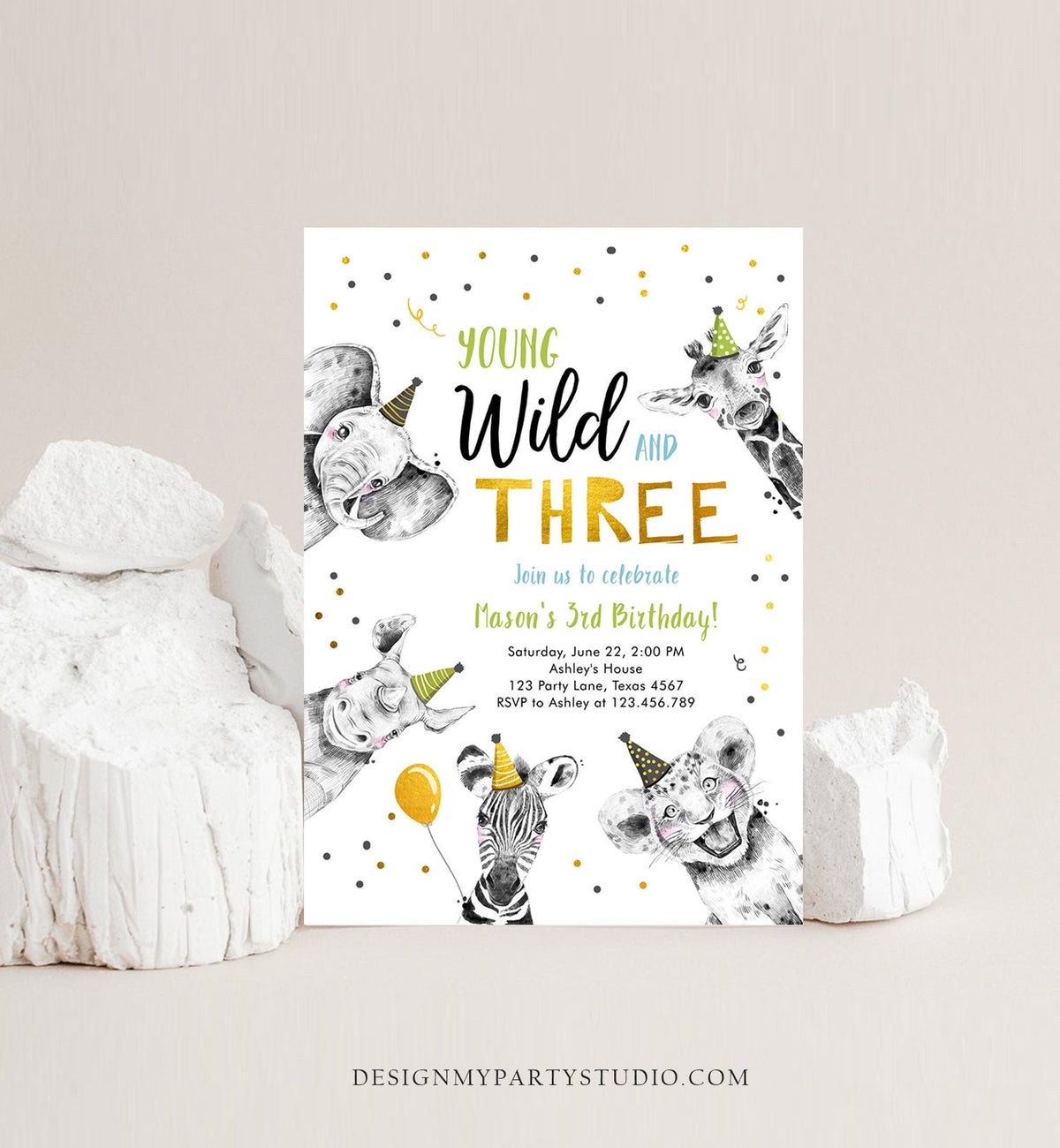 Editable Young Wild and Three Birthday Invitation Boy Green Gold Third 3rd Safari Animals Digital Download Evite Template Printable 0390