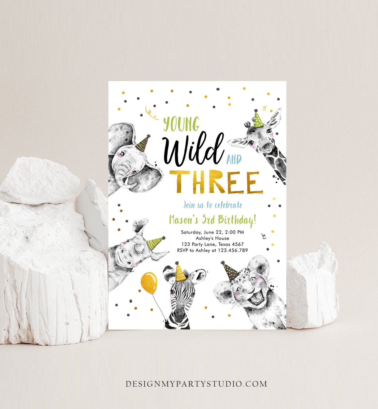 Editable Young Wild and Three Birthday Invitation Boy Green Gold Third 3rd Safari Animals Digital Download Evite Template Printable 0390