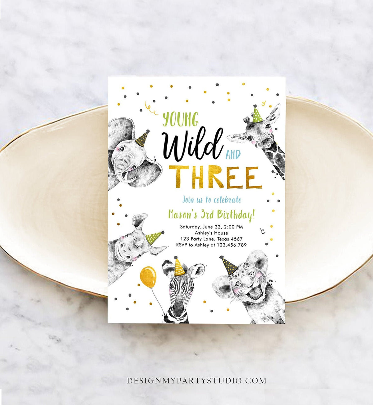 Editable Young Wild and Three Birthday Invitation Boy Green Gold Third 3rd Safari Animals Digital Download Evite Template Printable 0390