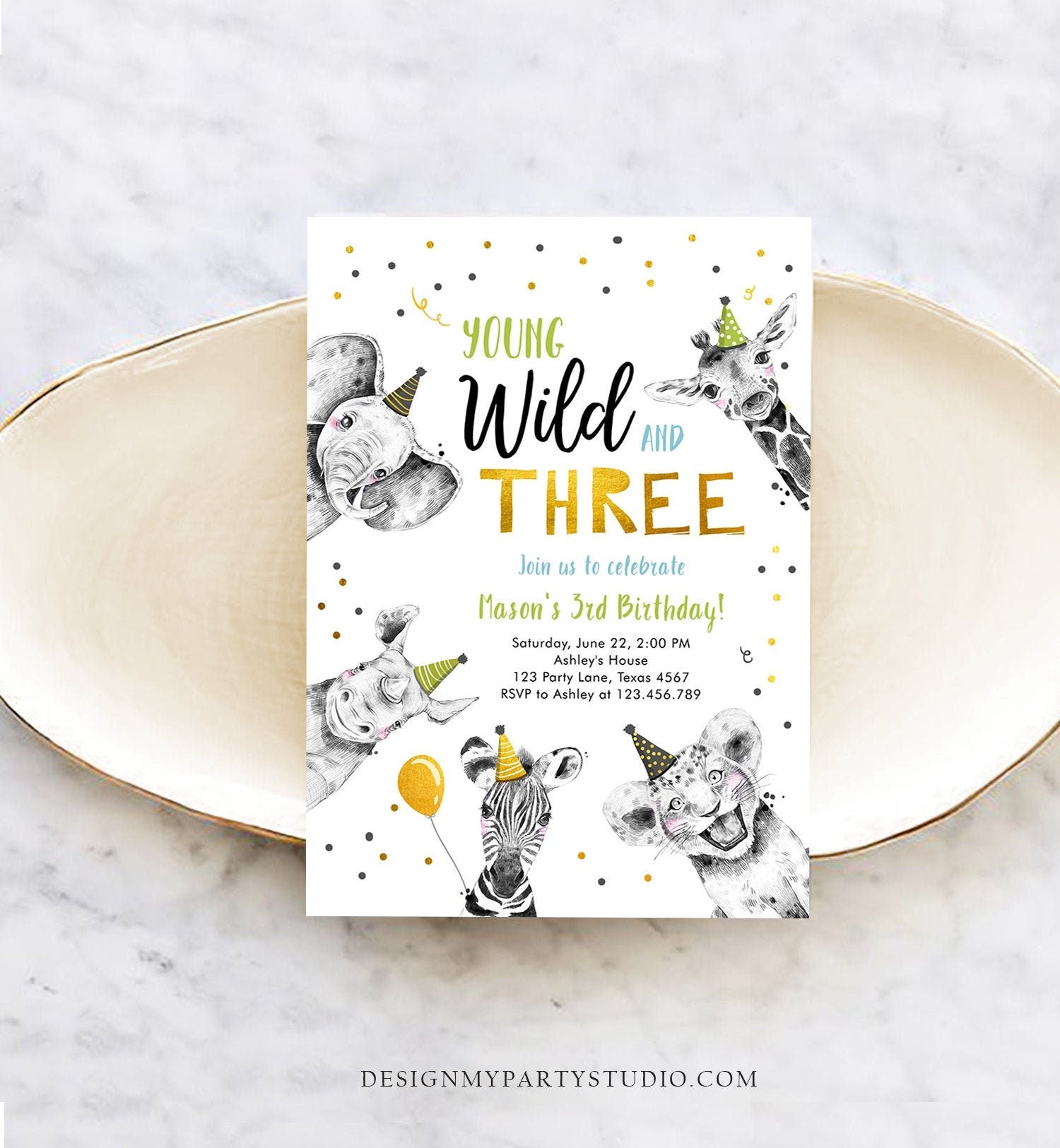 Editable Young Wild and Three Birthday Invitation Boy Green Gold Third 3rd Safari Animals Digital Download Evite Template Printable 0390