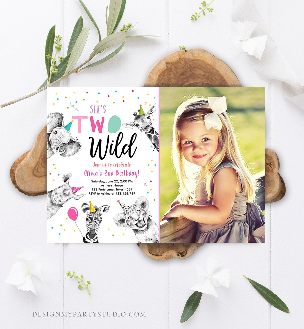 Editable Two Wild Birthday Invitation Safari Animals Party Animals Girl Pink Gold Second Birthday 2nd Digital Template Printable 0390