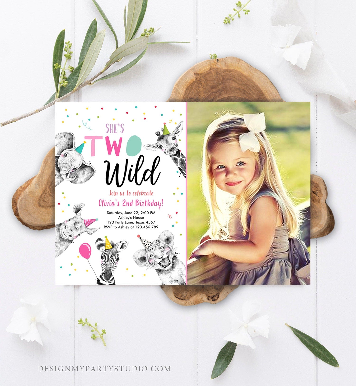 Editable Two Wild Birthday Invitation Safari Animals Party Animals Girl Pink Gold Second Birthday 2nd Digital Template Printable 0390