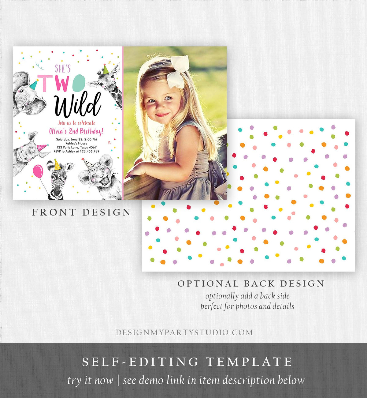 Editable Two Wild Birthday Invitation Safari Animals Party Animals Girl Pink Gold Second Birthday 2nd Digital Template Printable 0390