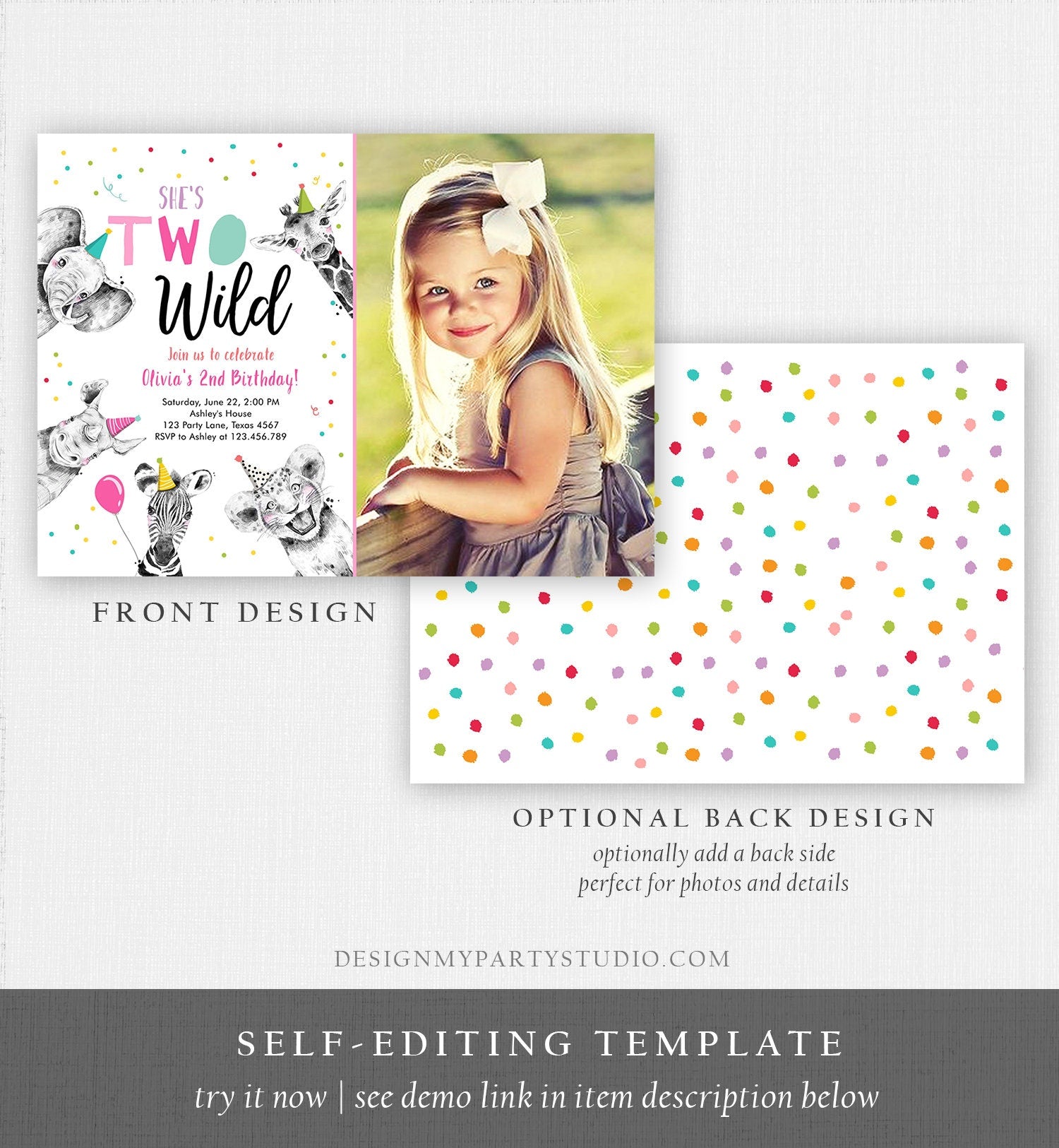 Editable Two Wild Birthday Invitation Safari Animals Party Animals Girl Pink Gold Second Birthday 2nd Digital Template Printable 0390
