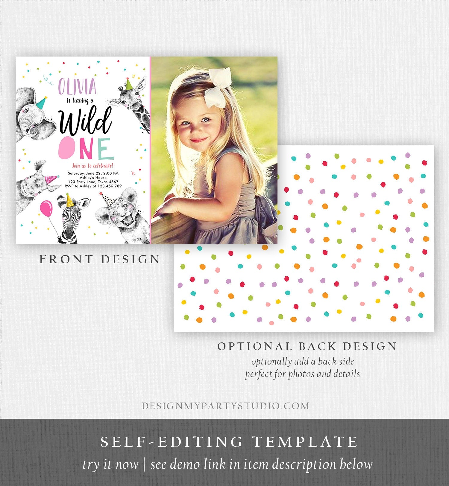 Editable Wild One Birthday Invitation Safari Animals Party Animals Girl Pink Gold First Birthday 1st Digital Template Printable 0390