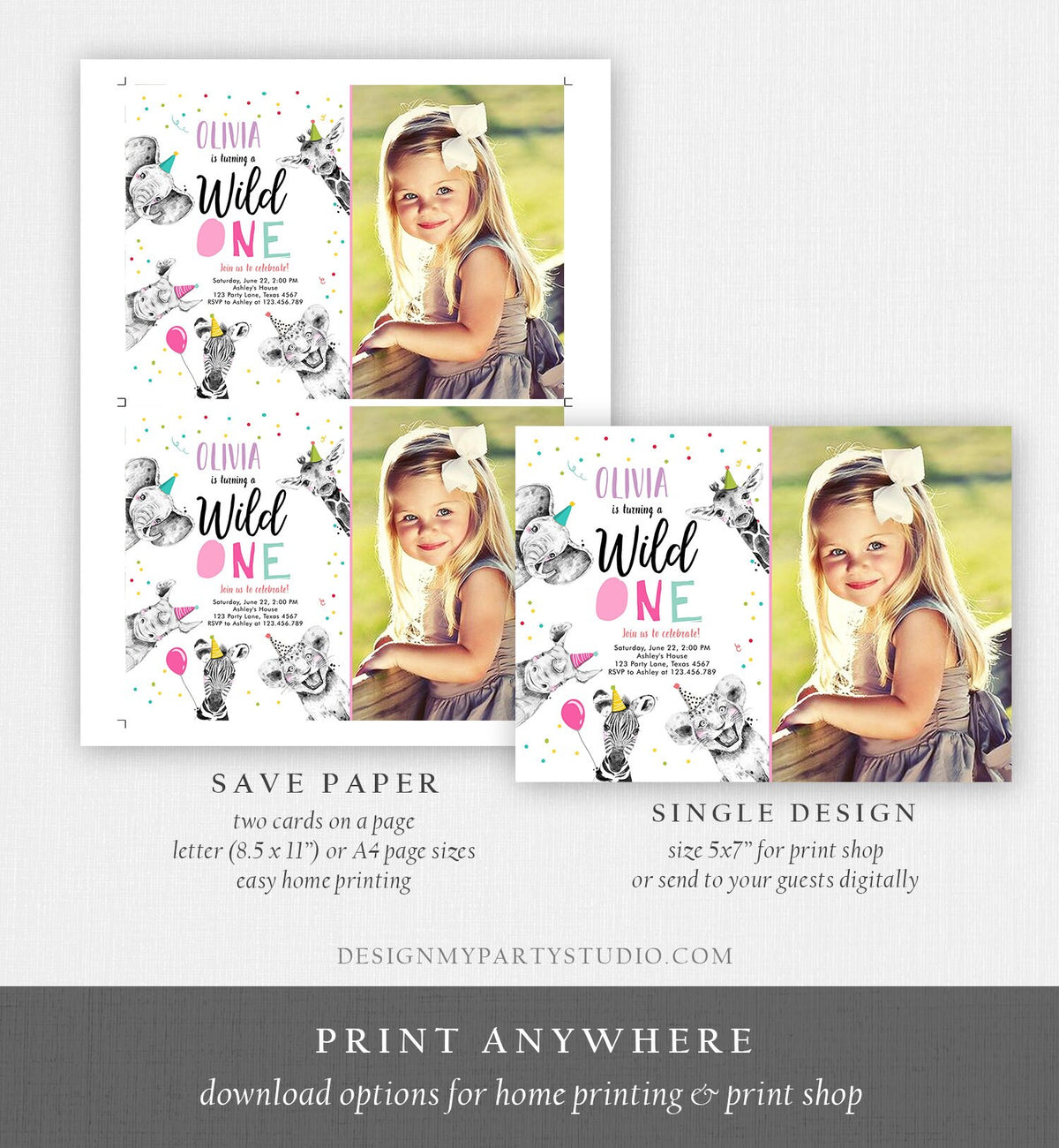 Editable Wild One Birthday Invitation Safari Animals Party Animals Girl Pink Gold First Birthday 1st Digital Template Printable 0390
