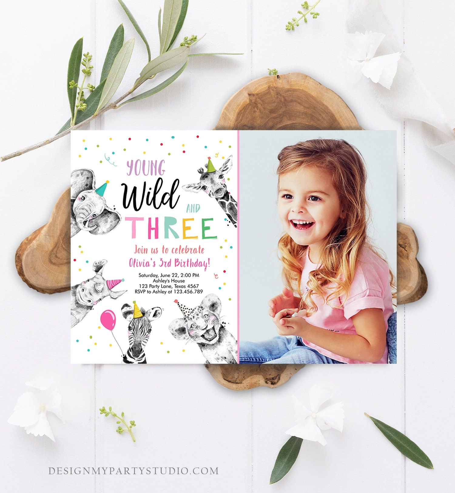 Editable Young Wild and Three Birthday Invitation Girl Pink and Gold Safari Party Animals Digital Download Evite Template Printable 0390