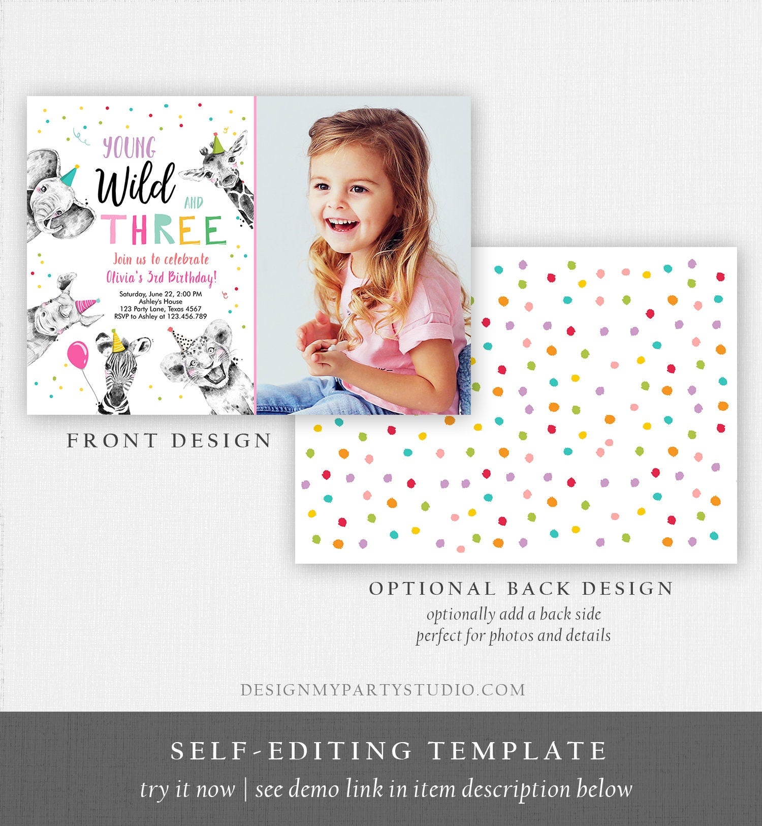 Editable Young Wild and Three Birthday Invitation Girl Pink and Gold Safari Party Animals Digital Download Evite Template Printable 0390