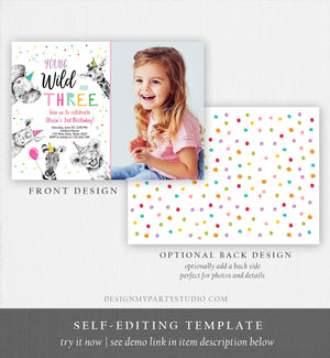 Editable Young Wild and Three Birthday Invitation Girl Pink and Gold Safari Animals Instant Download Printable Template Digital Corjl 0390