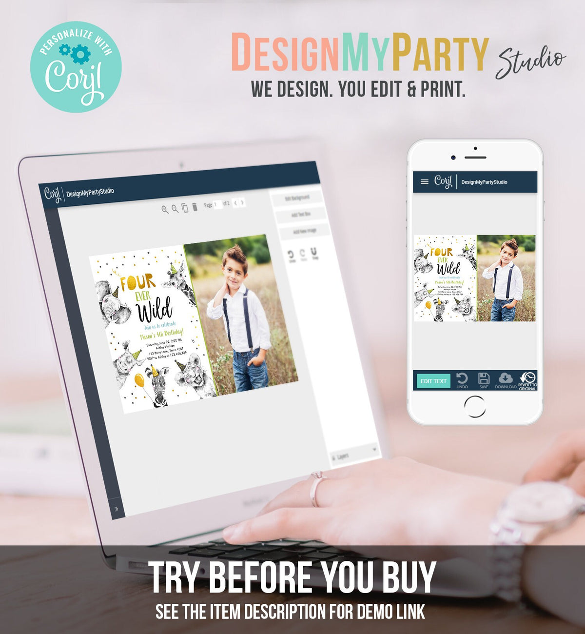 Editable Four Ever Wild Birthday Invitation Boy Green Gold Safari Party Animals Fourth Birthday 4th Printable Template Digital Corjl 0390