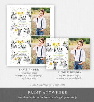 Editable Four Ever Wild Birthday Invitation Boy Green Gold Safari Party Animals Fourth Birthday 4th Printable Template Digital Corjl 0390