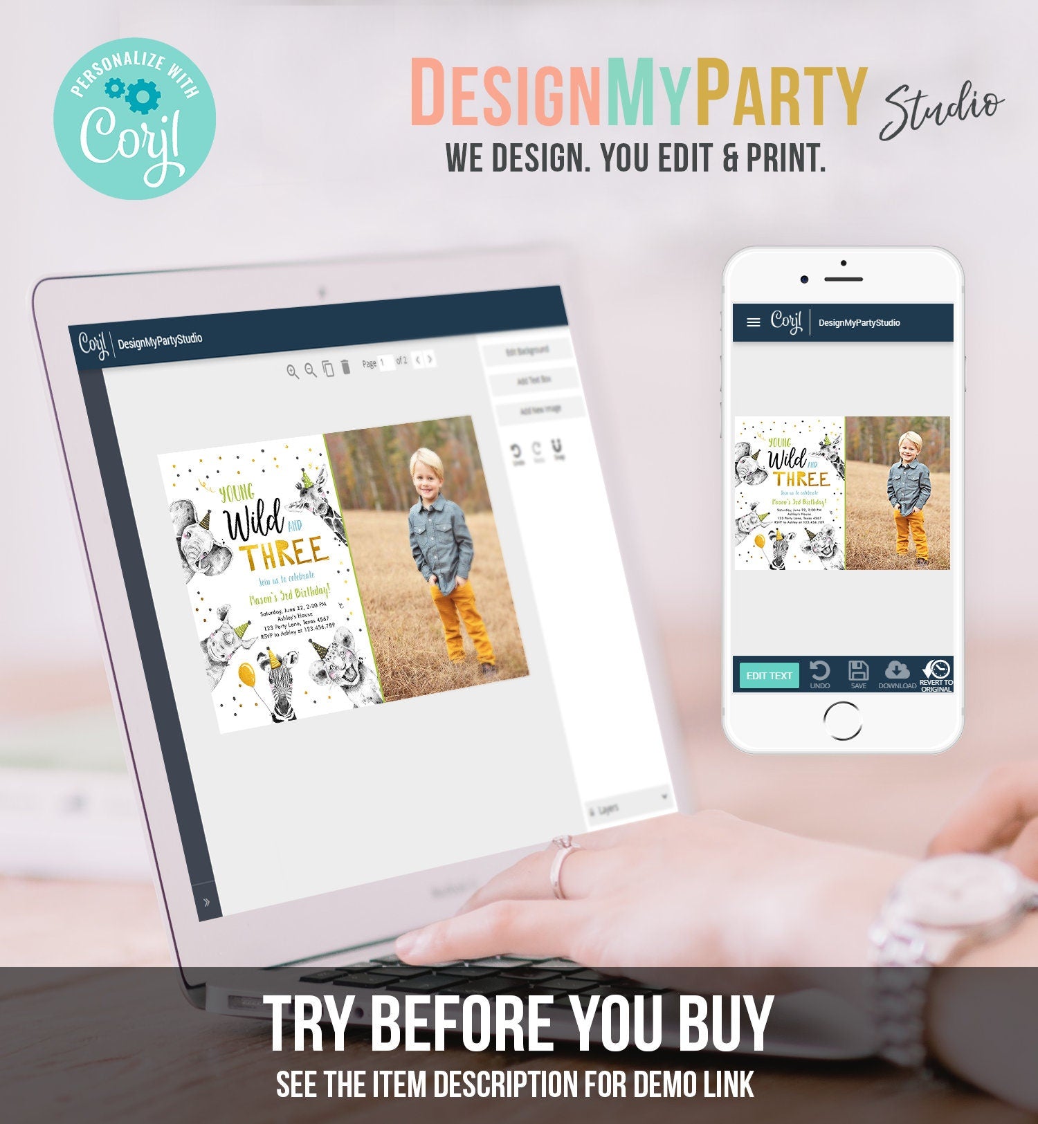 Editable Young Wild and Three Birthday Invitation Boy Green Gold Third 3rd Safari Animals Digital Download Evite Template Printable 0390