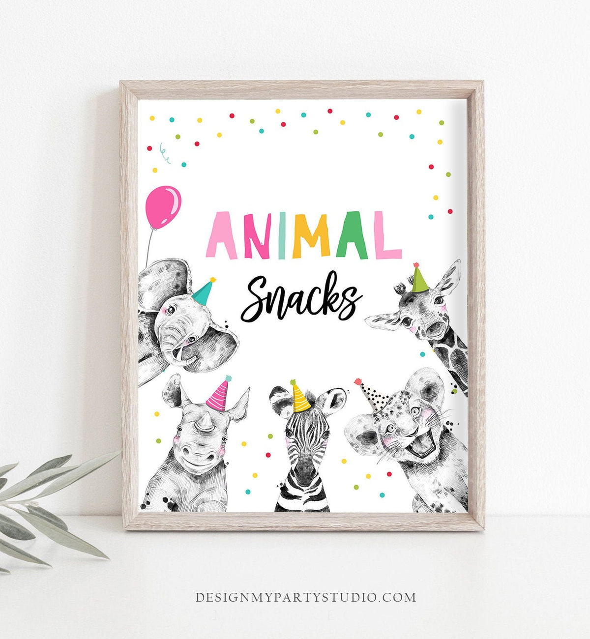 Animal Snacks Birthday Sign Party Drinks Table Bar Food Safari Snacks Animals Party Animals Zoo Girl Pink Instant Download Printable 0390