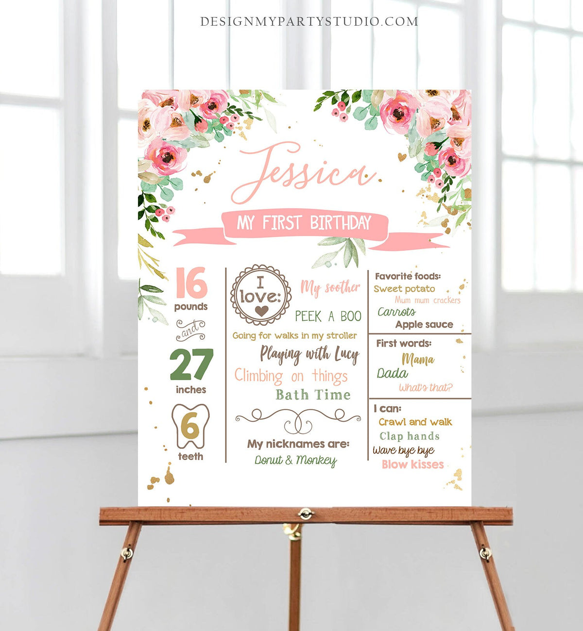 Editable Floral Birthday Milestones Sign Wild One Birthday First Birthday 1st Pink Floral Girl Onederful Boho Corjl Template Printable 0147
