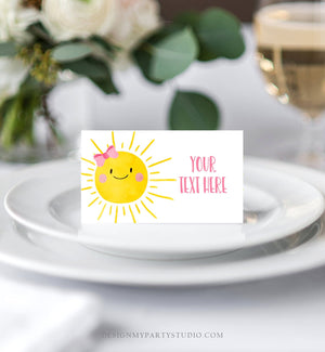 Editable Sunshine Food Labels Little Sunshine Birthday Food Cards Tent Card Girl Pink Summer Sunshine Party Party Label Template Corjl 0141