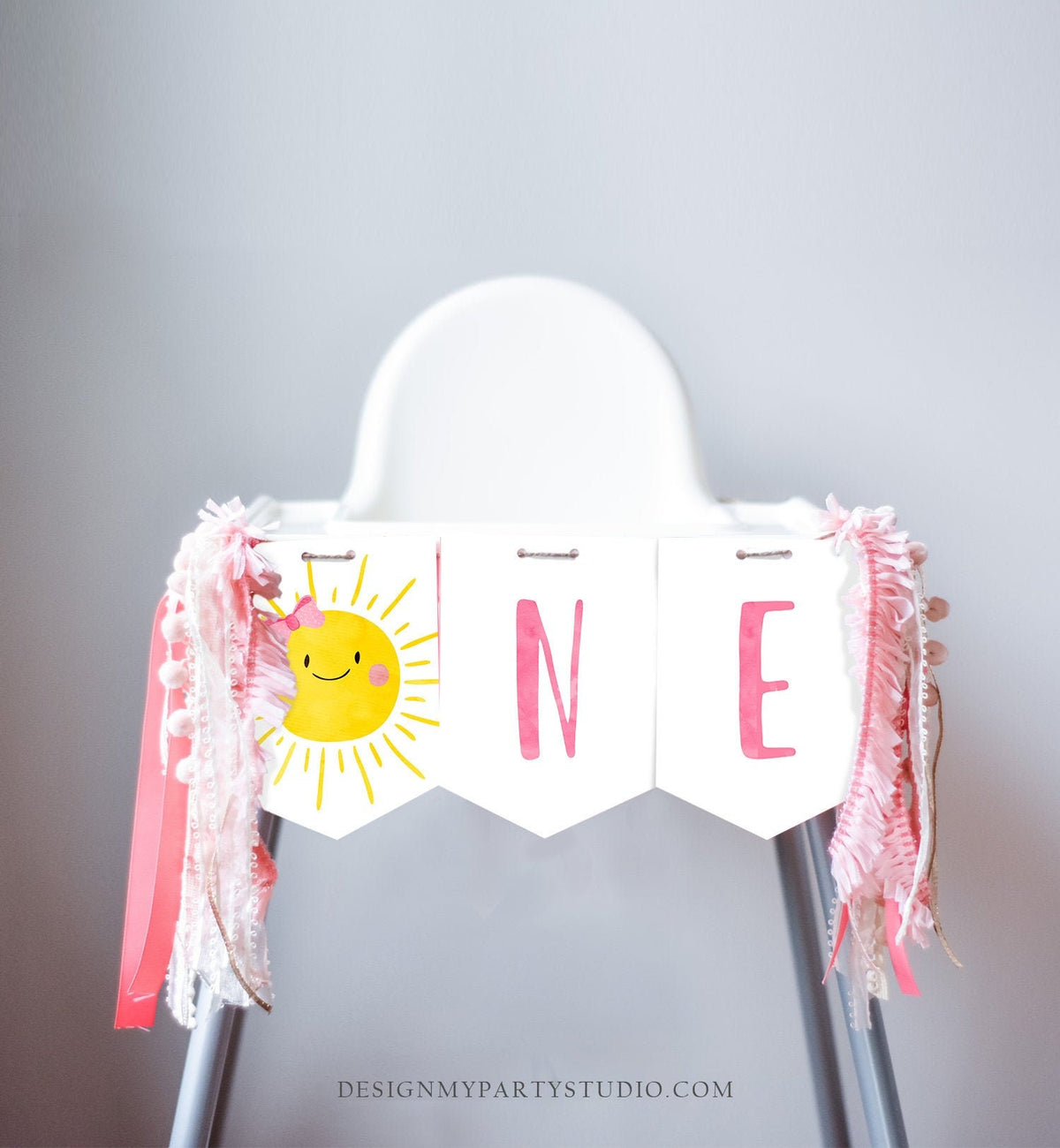 Sunshine High Chair Banner Little Sunshine Girl 1st First Birthday Pink High Chair Banner ONE Sunshine Party Decor PRINTABLE Digital 0141