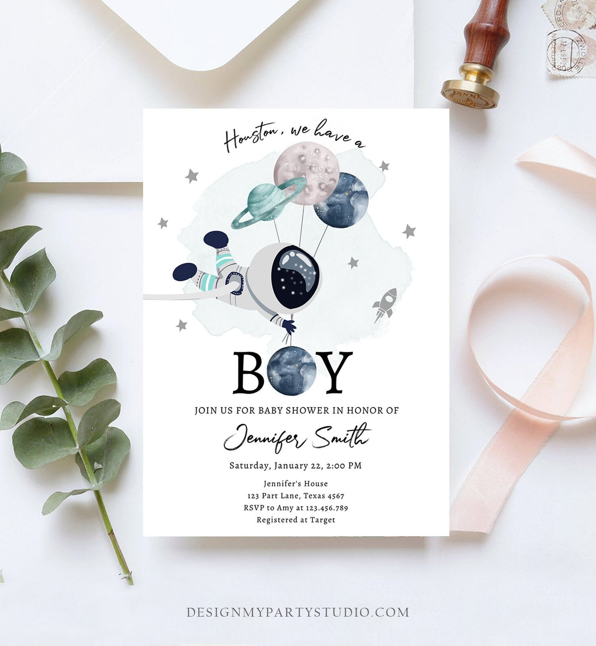 Editable Space Astronaut Baby Shower Invitation Galaxy Houston It&#39;s a Boy Blue Planets Moon Countdown Template Instant Download Corjl 0366