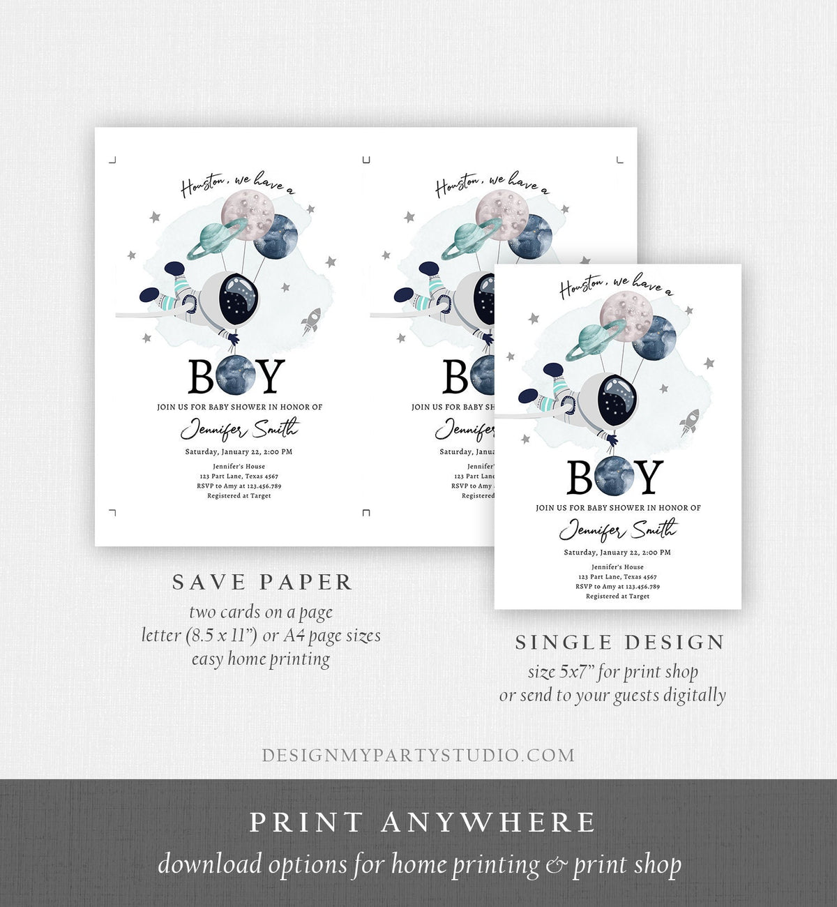 Editable Space Astronaut Baby Shower Invitation Galaxy Houston It&#39;s a Boy Blue Planets Moon Countdown Template Instant Download Corjl 0366