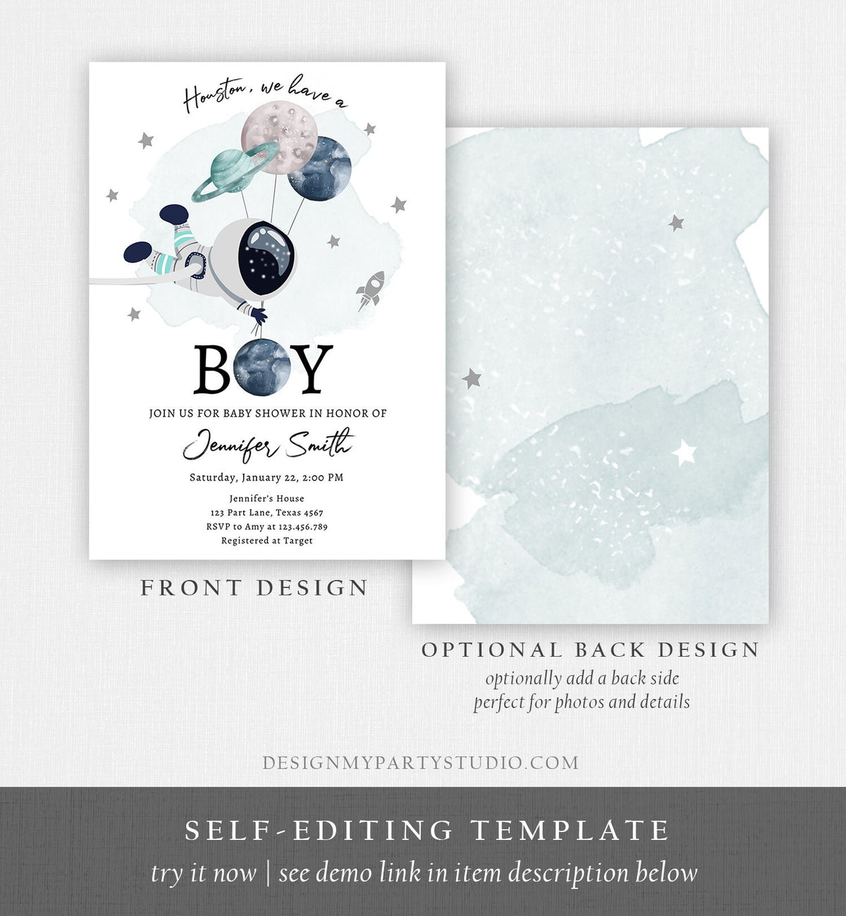 Editable Space Astronaut Baby Shower Invitation Galaxy Houston It&#39;s a Boy Blue Planets Moon Countdown Template Instant Download Corjl 0366