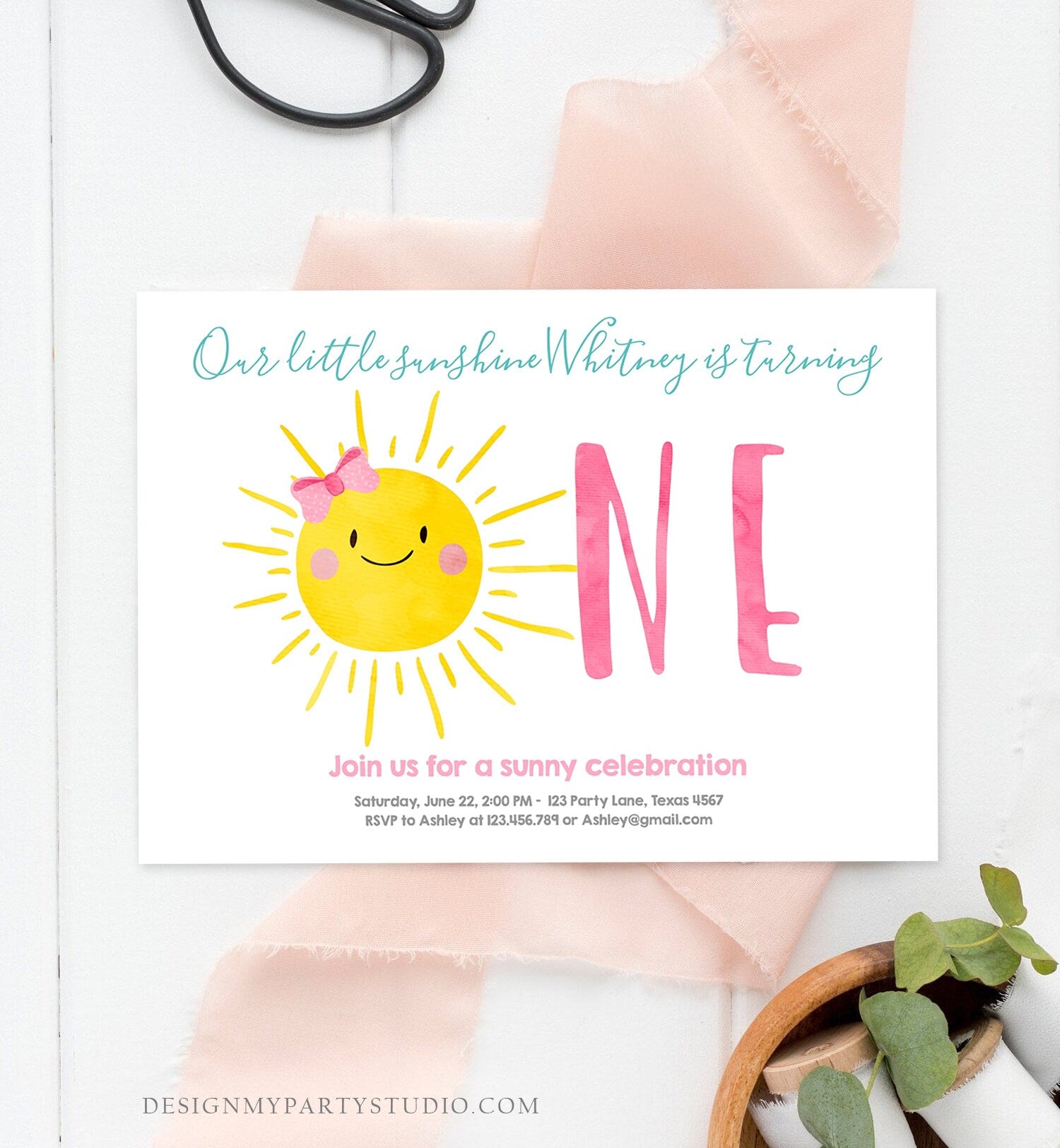 Editable Our Little Sunshine Birthday Invitation Sunshine First Birthday 1st Party Pink Girl Bow Digital Download Template Printable 0141