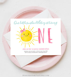 Editable Our Little Sunshine Birthday Invitation Sunshine First Birthday 1st Party Pink Girl Bow Download Corjl Template Printable 0141