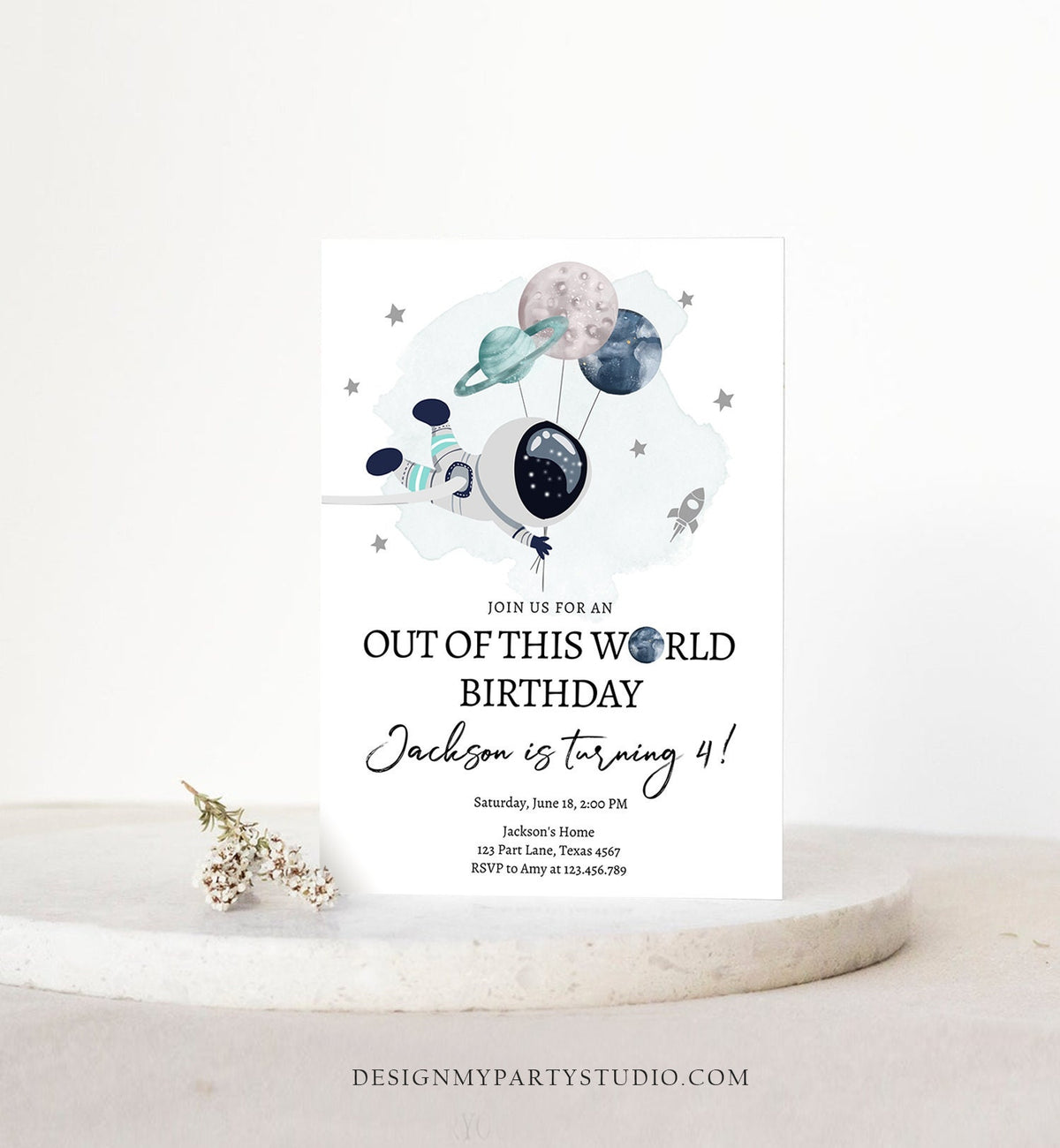 Editable Out of This World Birthday Invitation Outer Space Planets Rocket Galaxy Astronaut Silver Boy Digital Evite Template Printable 0366