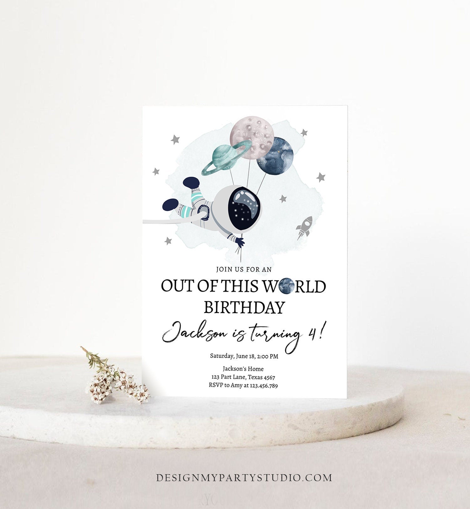 Editable Out of This World Birthday Invitation Outer Space Planets Rocket Galaxy Astronaut Silver Boy Digital Evite Template Printable 0366