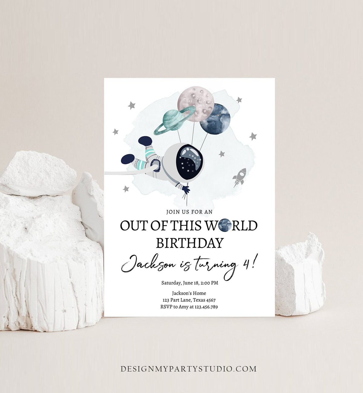 Editable Out of This World Birthday Invitation Outer Space Planets Rocket Galaxy Astronaut Silver Boy Digital Evite Template Printable 0366