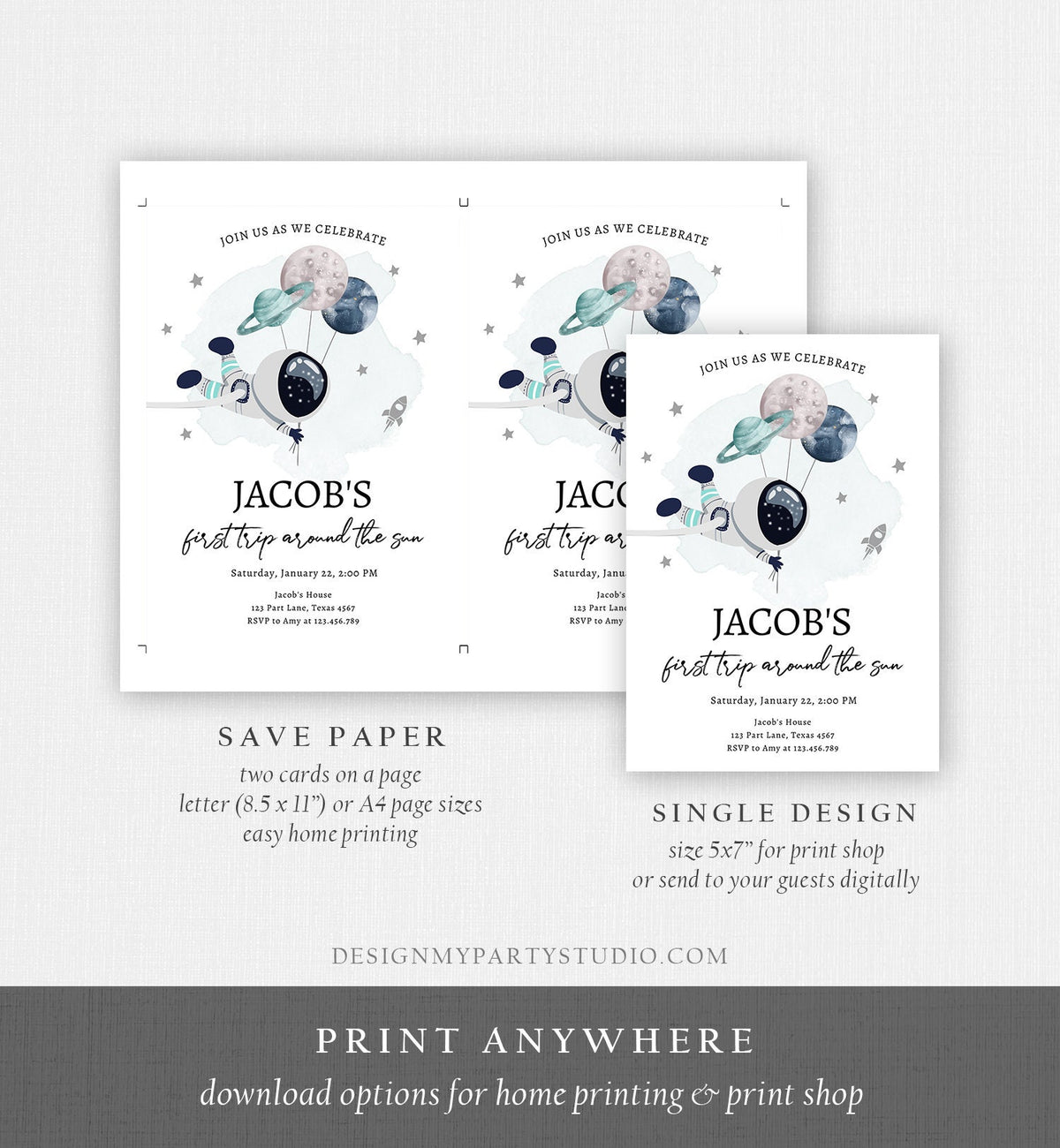 Editable Out of This World Birthday Invitation Outer Space Planets Rocket Ship Galaxy Astronaut Silver Boy Digital Template Printable 0366