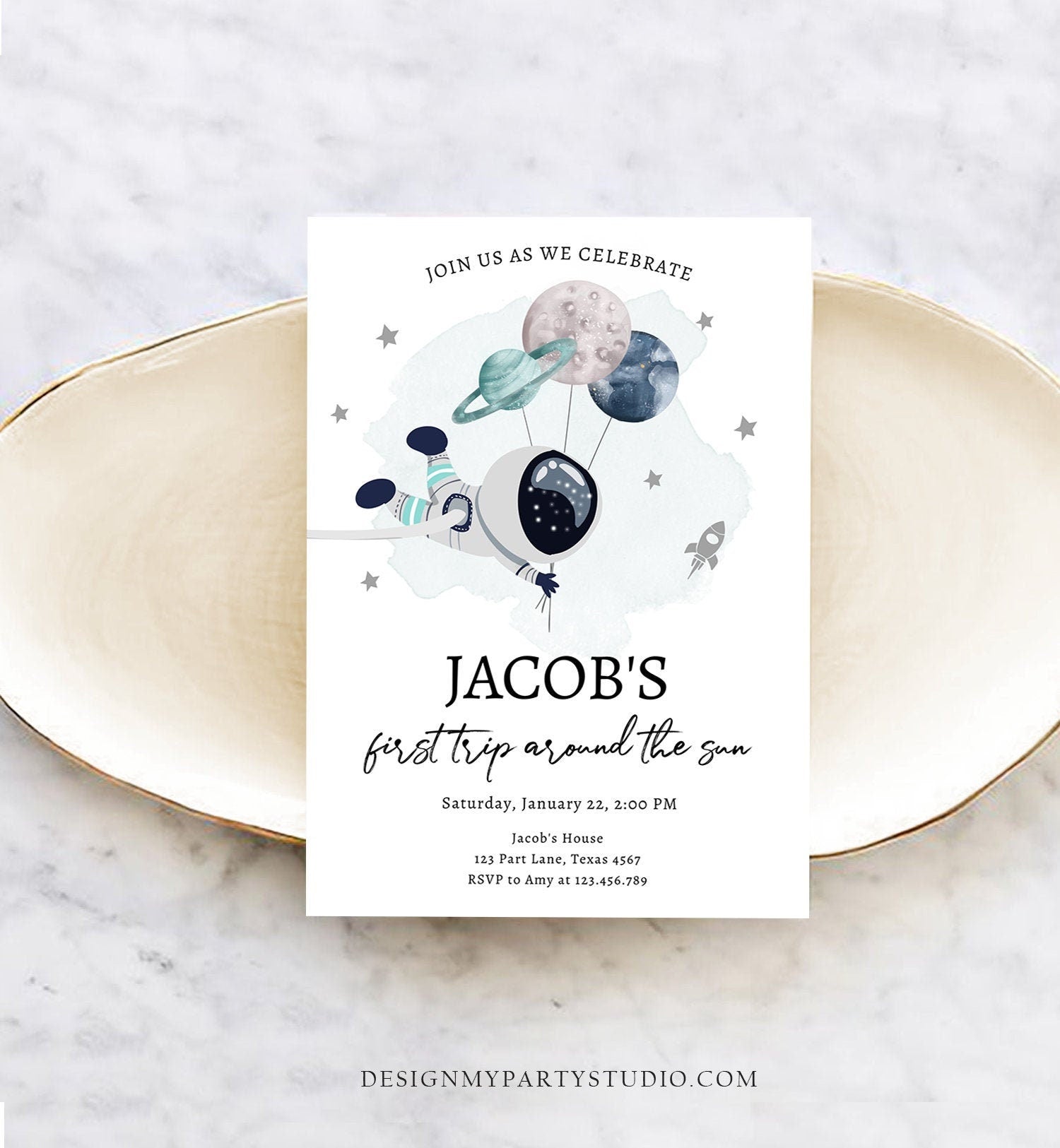 Editable Out of This World Birthday Invitation Outer Space Planets Rocket Ship Galaxy Astronaut Silver Boy Digital Template Printable 0366
