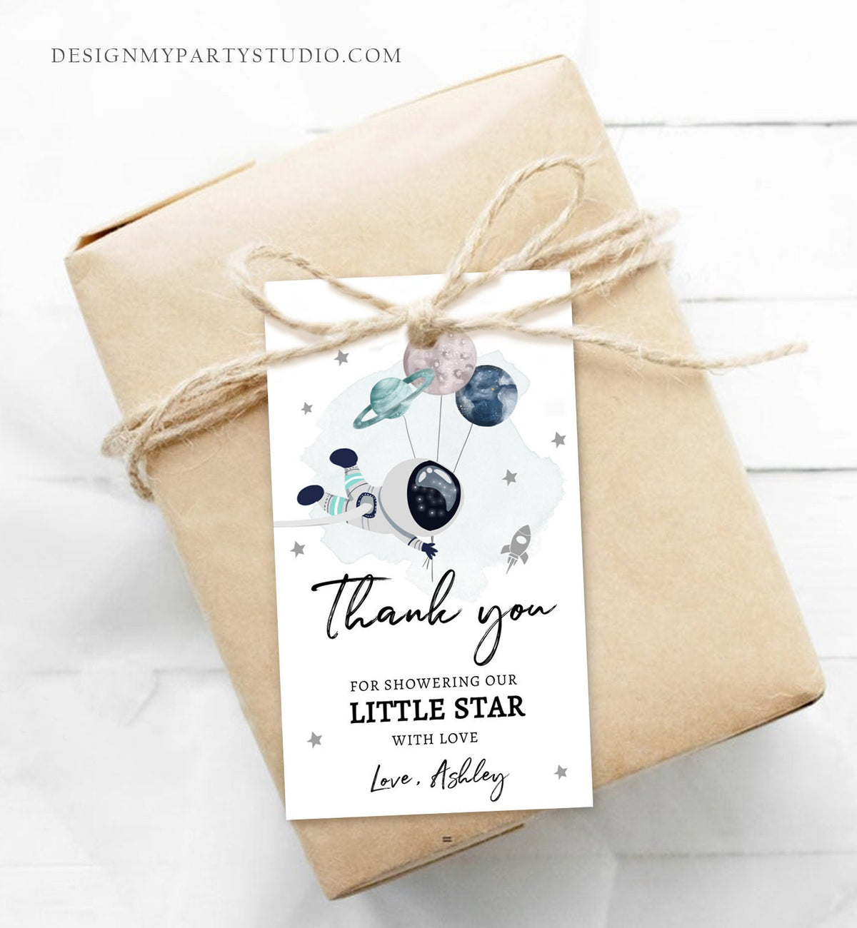 Editable Outer Space Favor Tags Astronaut Baby Shower Thank You Boy Little Star Gift Around Planets Template Corjl PRINTABLE 0366