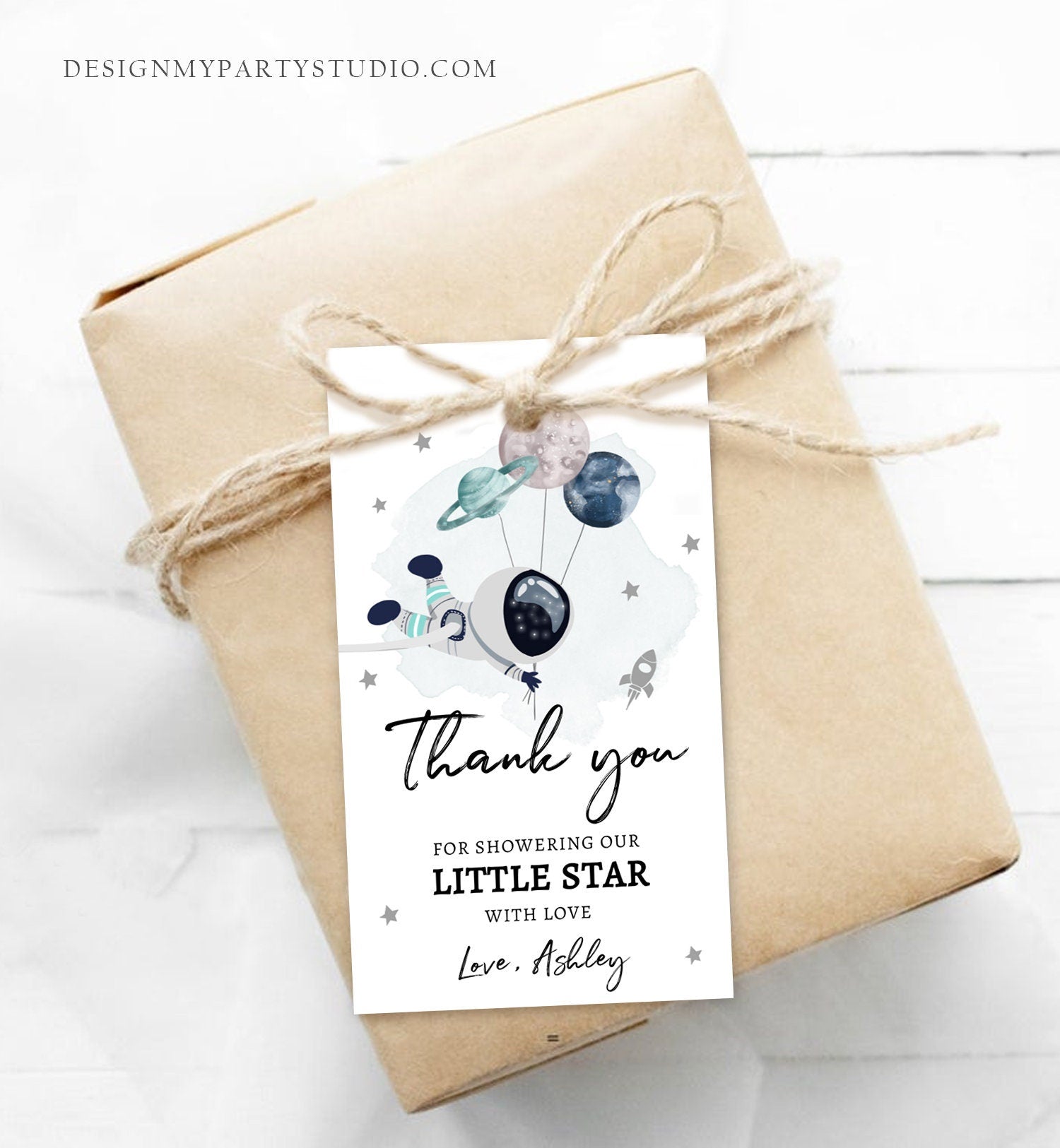 Editable Outer Space Favor Tags Astronaut Baby Shower Thank You Boy Little Star Gift Around Planets Template Corjl PRINTABLE 0366