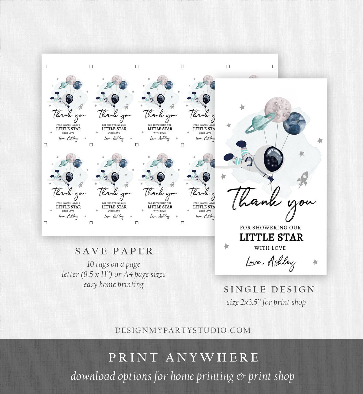Editable Outer Space Favor Tags Astronaut Baby Shower Thank You Boy Little Star Gift Around Planets Template Corjl PRINTABLE 0366